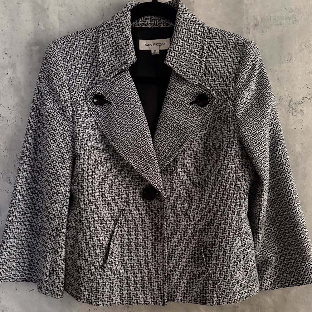 EVAN-PICONE Black White Geometric Blazer with Bell Sleeves Side Pockets size 6P